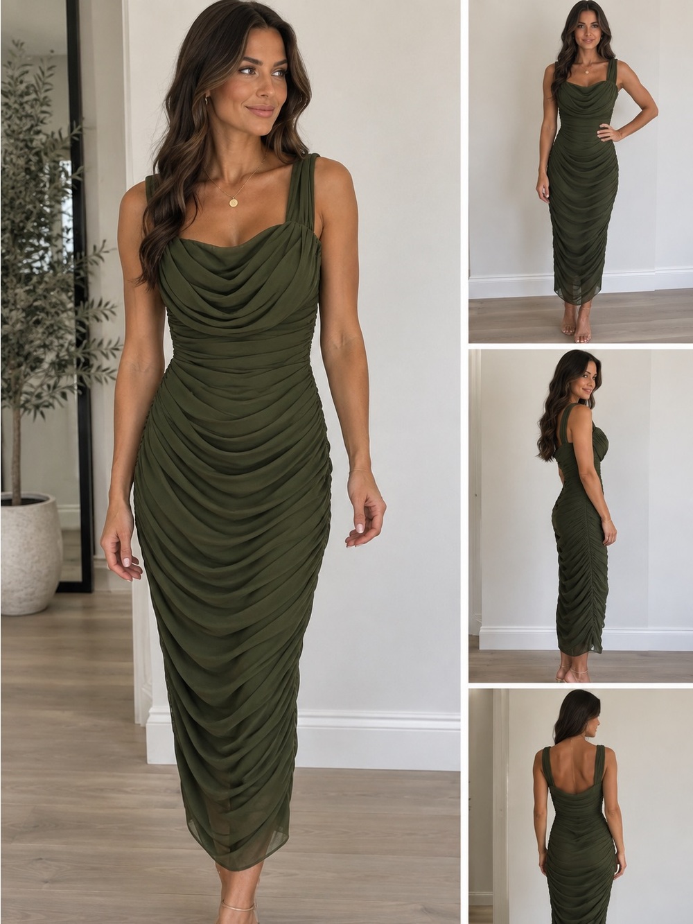 Women’s Olive Green Draped Sleeveless Midi Dress Size Small